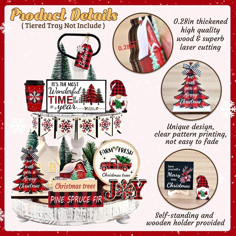 FINDRICH 20 Pcs Christmas Tiered Tray Decor - Christmas Decorations Indoor Table Centerpieces Red and Black Buffalo Plaid Tray Decor with Snowflake, Xmas Tree, Gnome Wooden Signs for Home Shelf Decor - Image 4